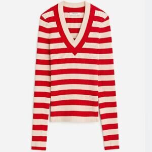 Madewell V Neck Striped Sweater Red Beige White Ribbed Stretch Slim Fit Large